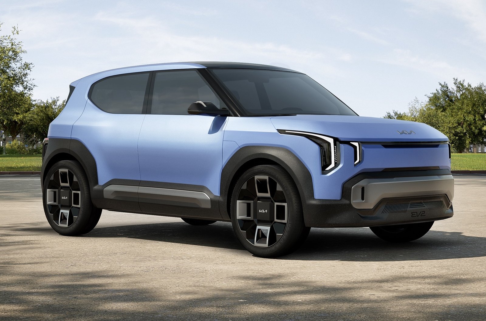 Kia представила на автосалоне в Брюсселе новый угловатый кроссовер EV2 на платформе E-GMP.